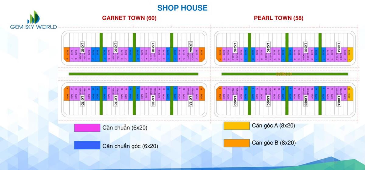 Sơ đồ mặt bằng phân lô của các dãy Shophouse